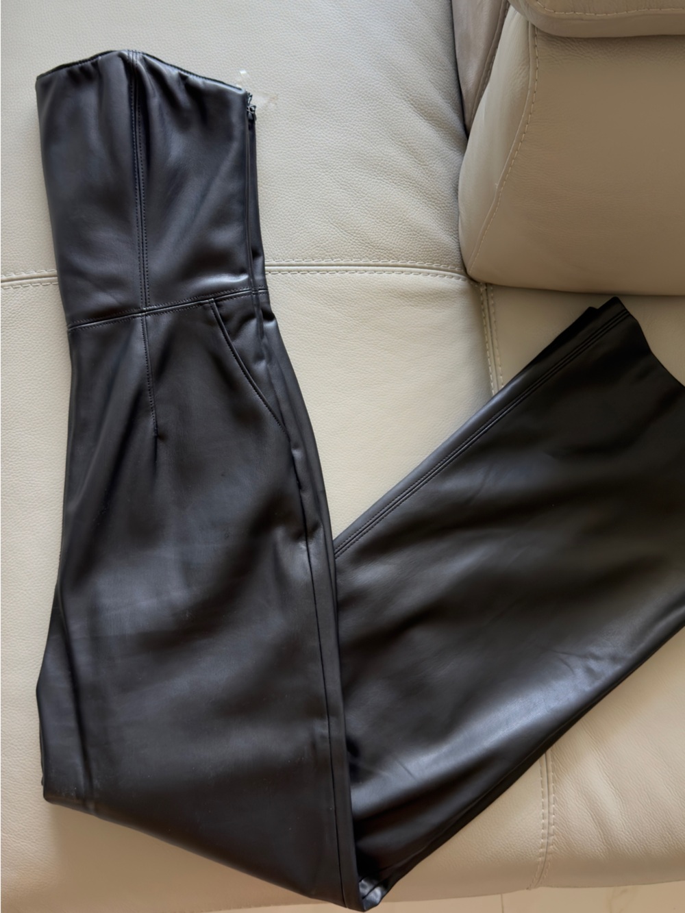 Oh Polly Black Faux Leather Straight Leg Jumpsuit Pants Brand New
